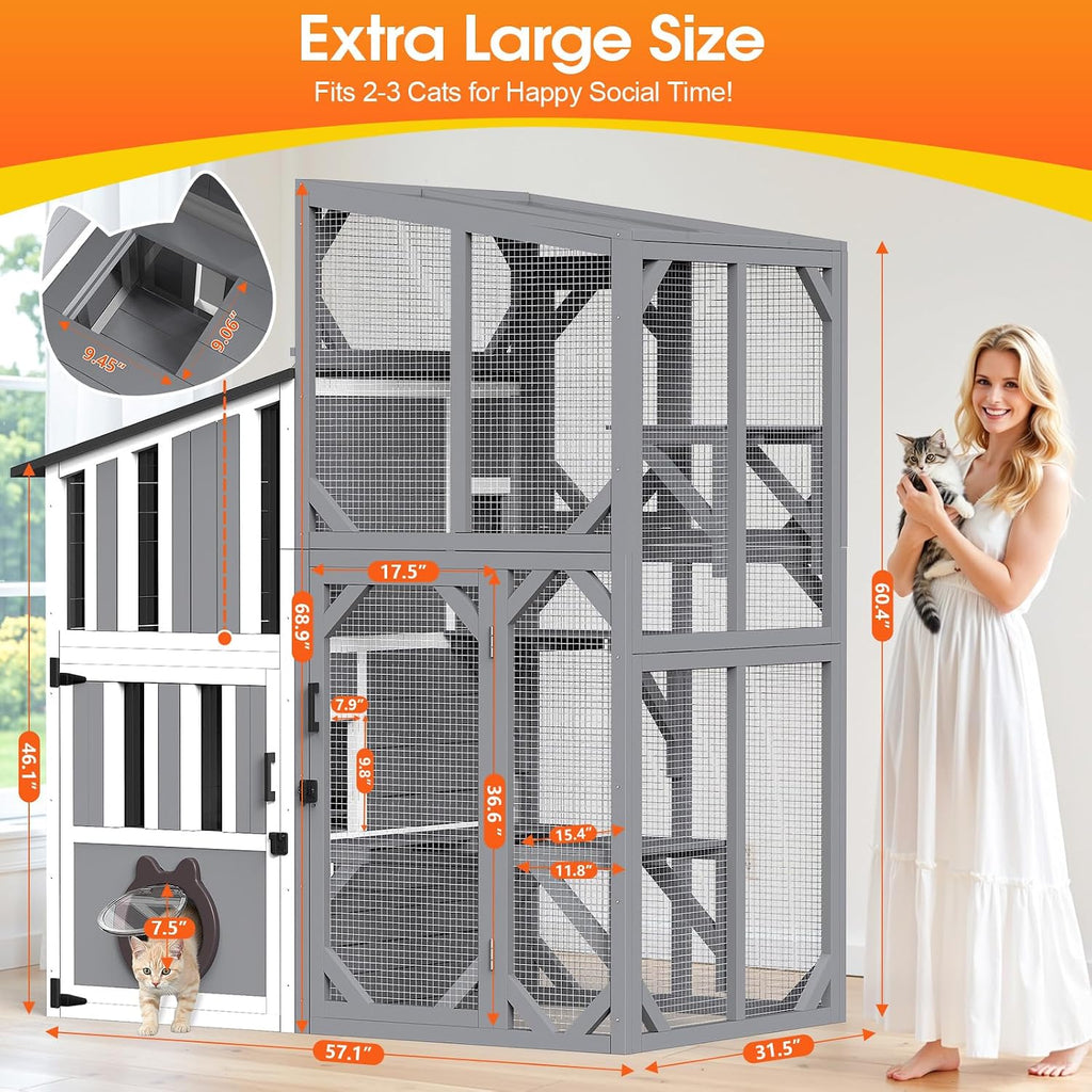 69"H Catio 3 Tiers Large Cat Enclosures House for Outdoor Indoor Use, Feral Cats Shelter with Window Access