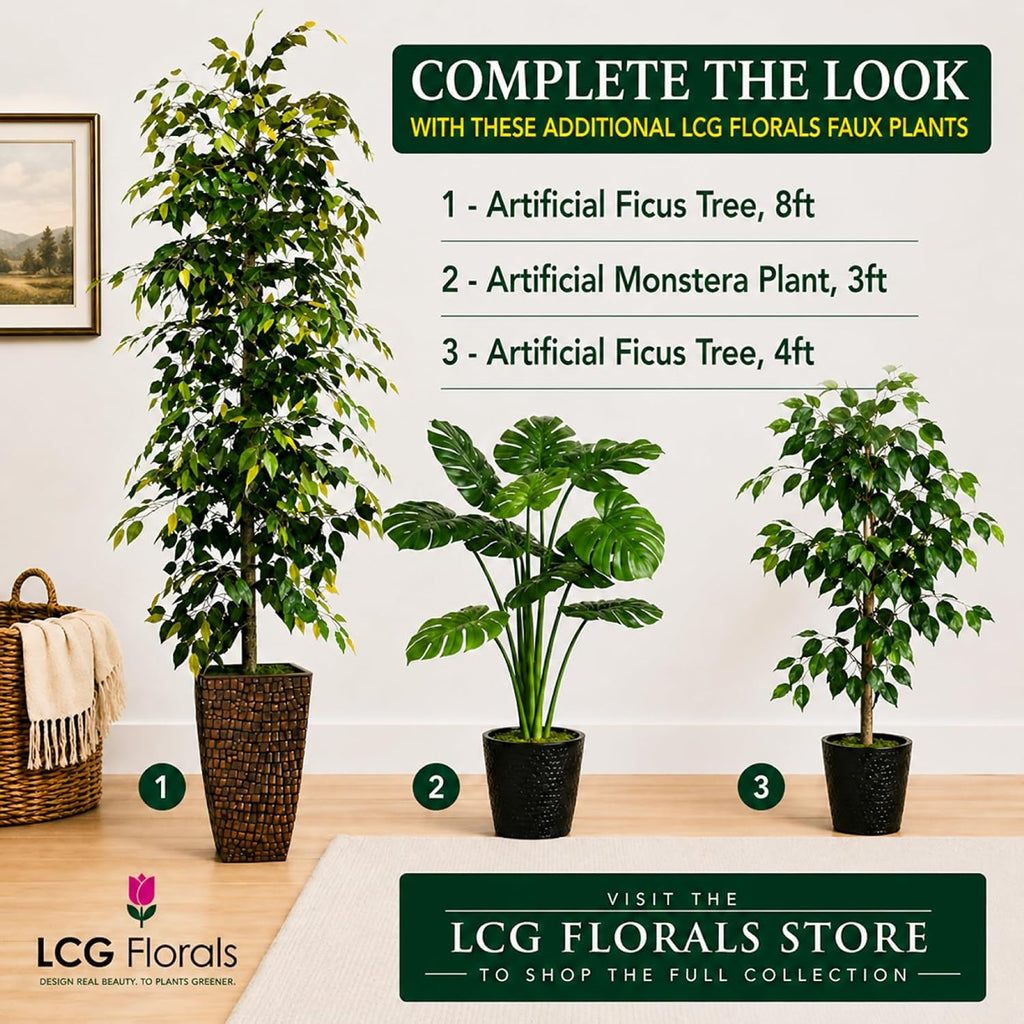 8ft Ficus Tree Artificial in Copper Metal Pot by - Real Wood Trunk, Premium Handmade, Faux Fake Indoor Tree Decor