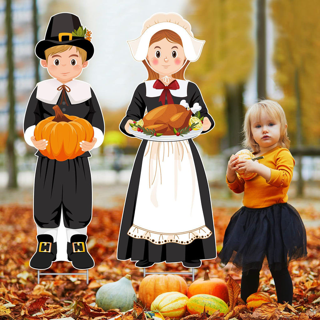 2 Pcs Large Thanksgiving Pilgrim Yard Sign Decor, 33 x 12.6in