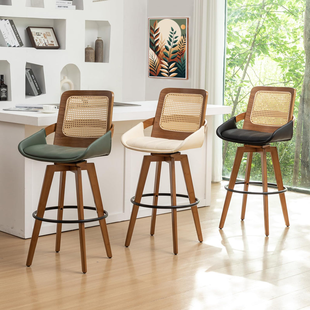 Mid Century Modern Bar Stools - 30 inch Swivel Rattan bar stools with Cane Back, Upholstered Faux Leather, Walnut