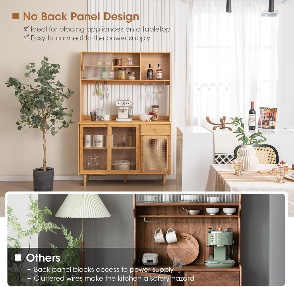 69" Kitchen Pantry Cabinet, Bamboo Hutch Storage Cabinet w/Storage | Freestanding Buffet Sideboard Cabinet with