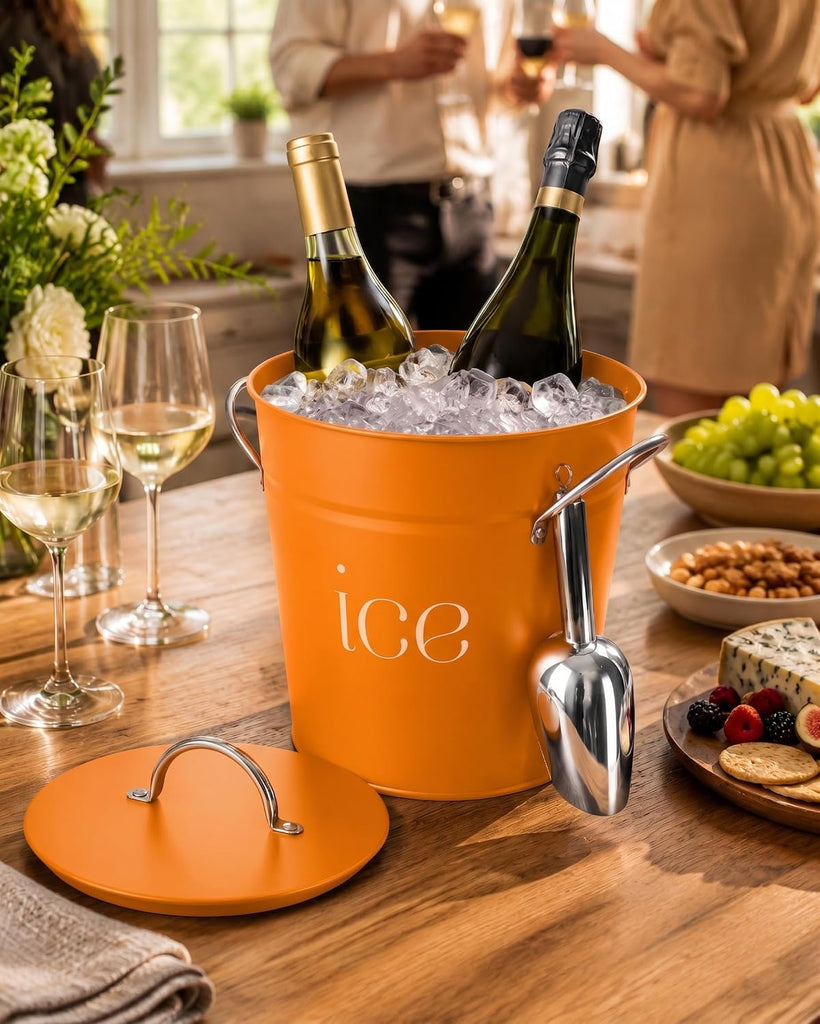 3 Qt Orange Galvanized Ice Bucket with Lid, Scoop and Handles, Insulated
