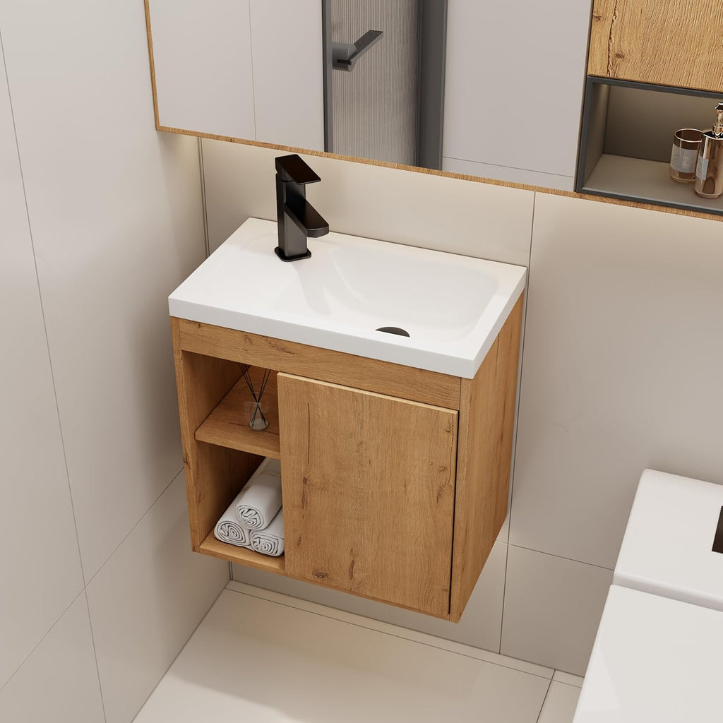 20-Inch Floating Bathroom Vanity with Sink – Wall-Mounted Guest Bathroom Cabinet for Small Spaces, Opening Shelf and Soft-Close Door, Natural Veneer Finish