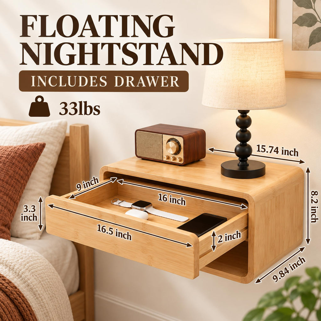 Bamboo Floating Nightstand with Drawer, Wall Mounted Bedside Table, Natural