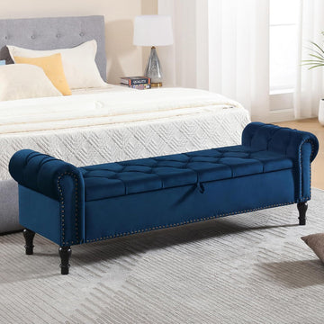 Velvet Storage Bench 67 Inch Upholstered Tufted Ottoman Bench with Arms Large Storage Space King Size End of Bed