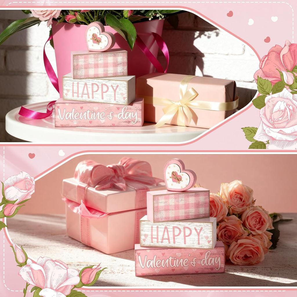 Tiered Tray Decor Set, , Wooden Table Sign, Pink Valentine - Set of 4