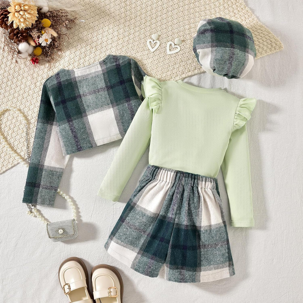 Toddler Girl 4 Pieces Outfits Ruffles Long Sleeve Tops Plaid Skirt Jacket And Hat Fall Winter Clothes Set