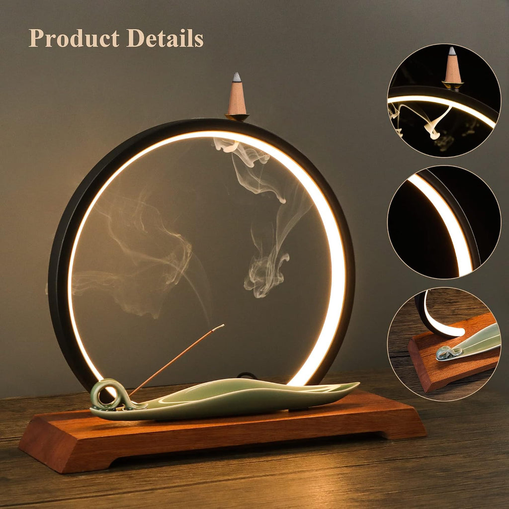 Backflow Incense Burner with LED Light Ring, Ceramic, Waterfall Design, Includes 1 Tweezer and 30 Incense Sticks