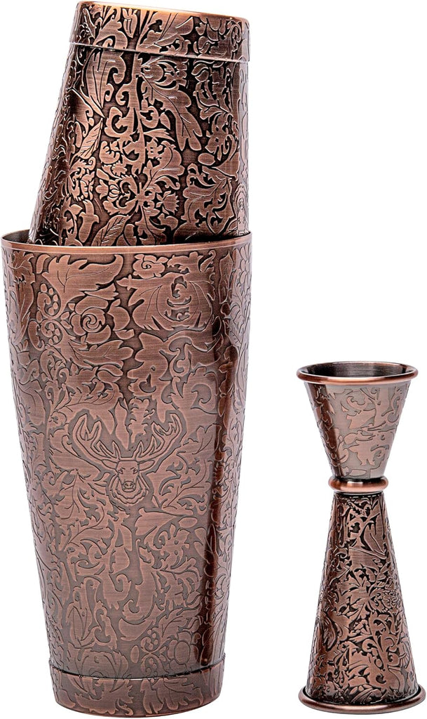 3D Etched 18-Piece Bartender Kit Stainless Steel Boston Cocktail Shaker Set Copper Plated Bartending Tools Suit - Set of 18