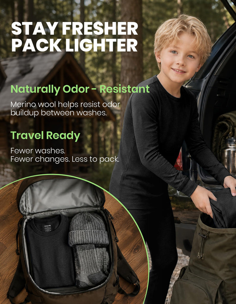 Unisex Kids 100% Merino Wool Base Layer Thermal Set Lite Black 7-8
