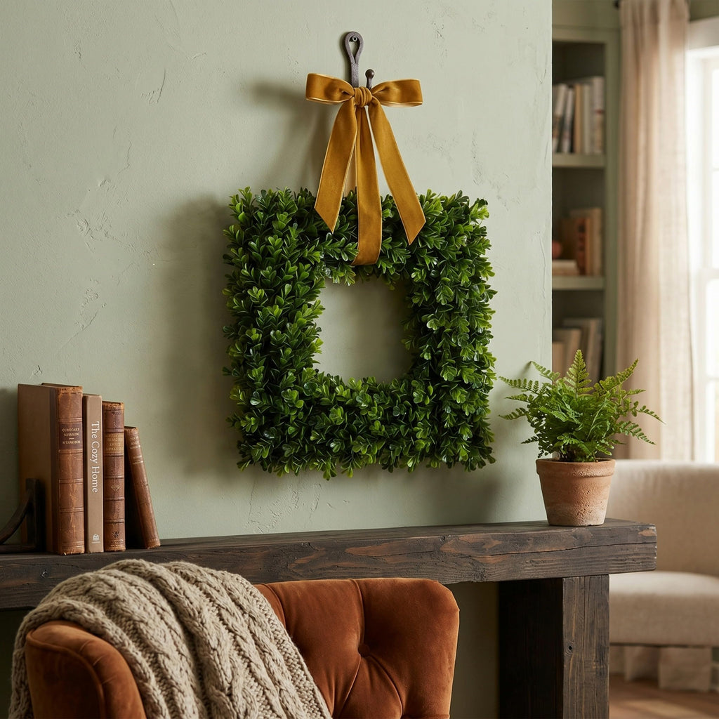 Square Boxwood Wreath for Front Door, Green, 16.5"