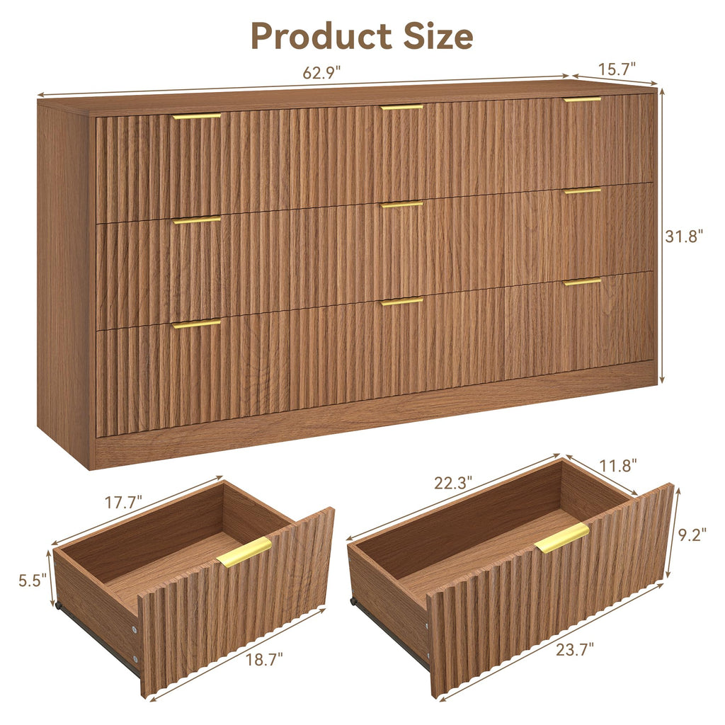 9 Drawer Dresser, 63" Wide Modern Fluted Chest of Drawers, Wooden Dresser with Gold Metal Handles, Mid Century Large