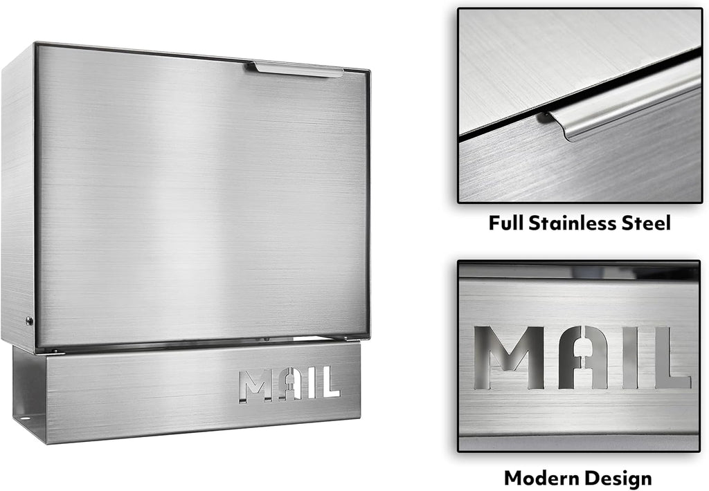 Stainless Steel Mailbox for Walls, Heavy Duty Wall Mounted Mailbox with Newspaper Holder - Silver