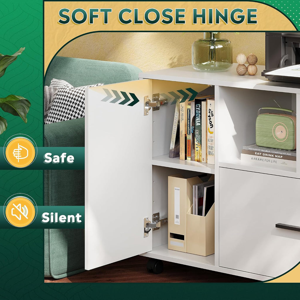 Office File Cabinet with Lock, 1-Drawer Wood Lateral Filing Cabinet on Wheels, Printer Stand with Open Storage