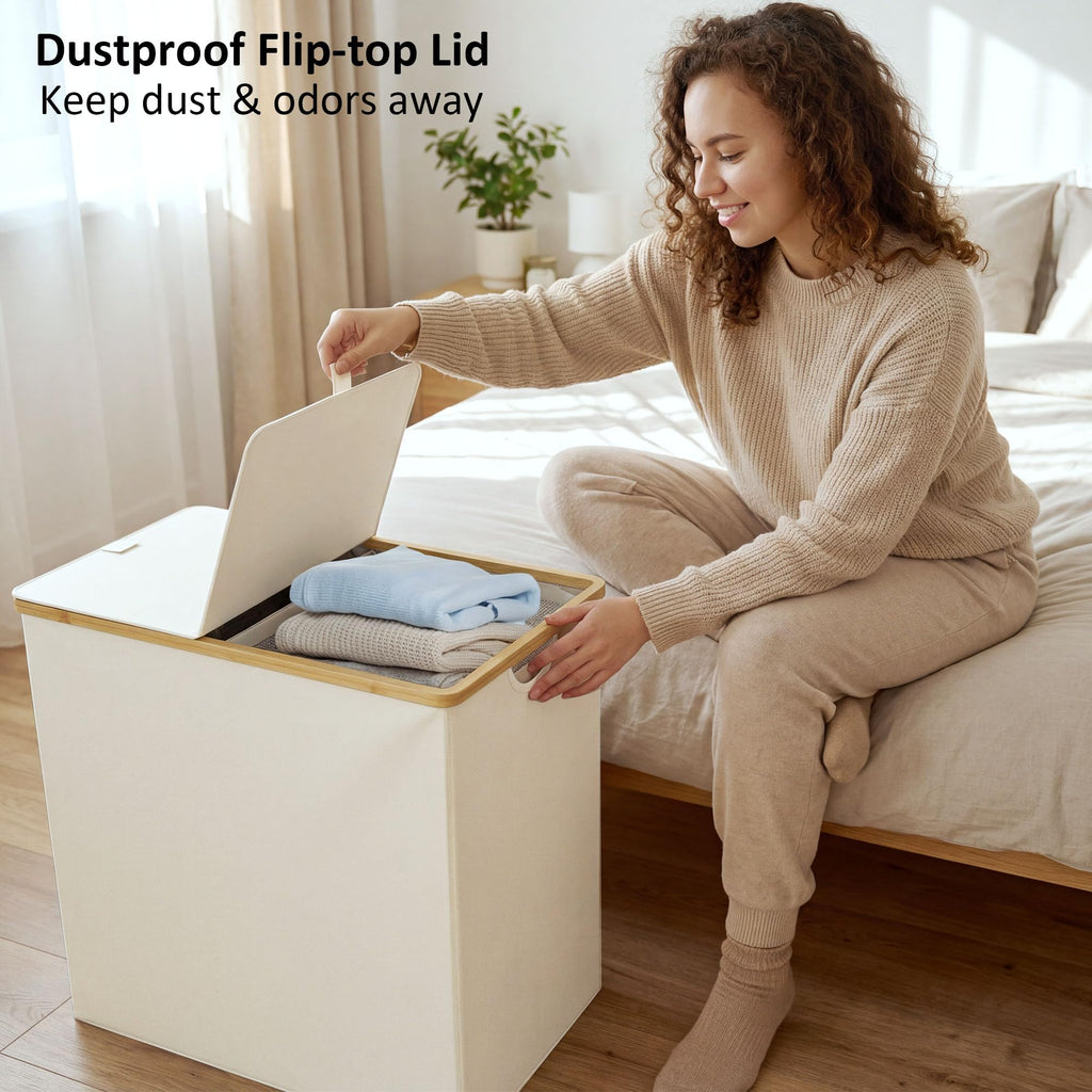 Double Laundry Hamper with Lid and 2 Removable Bags, Beige