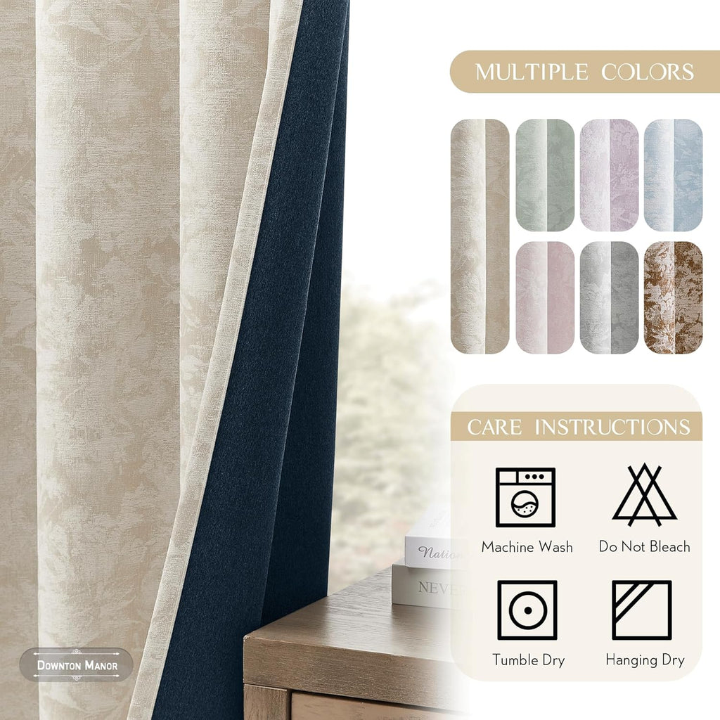 Beige Floral Jacquard Blackout Curtains 84 Inches Long 2 Panels for Bedroom Living Room Flower Chenille Room