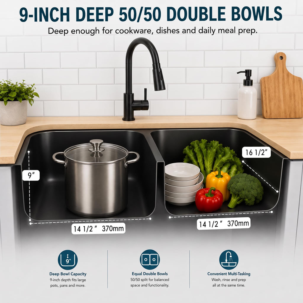 32 Inch Black Kitchen Sink, Double Bowl Kitchen Sink, Undermount Kitchen Sink Stainless Steel, Black Oval Kitchen