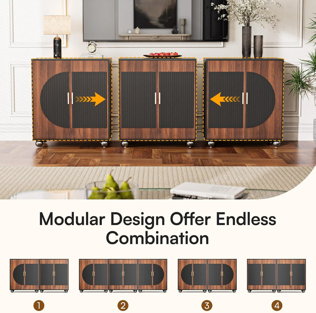 29" Fluted Modular Buffet Cabinet with Arched Doors & Gold Handles, Mid Century Modern Sideboard Credenza Storage