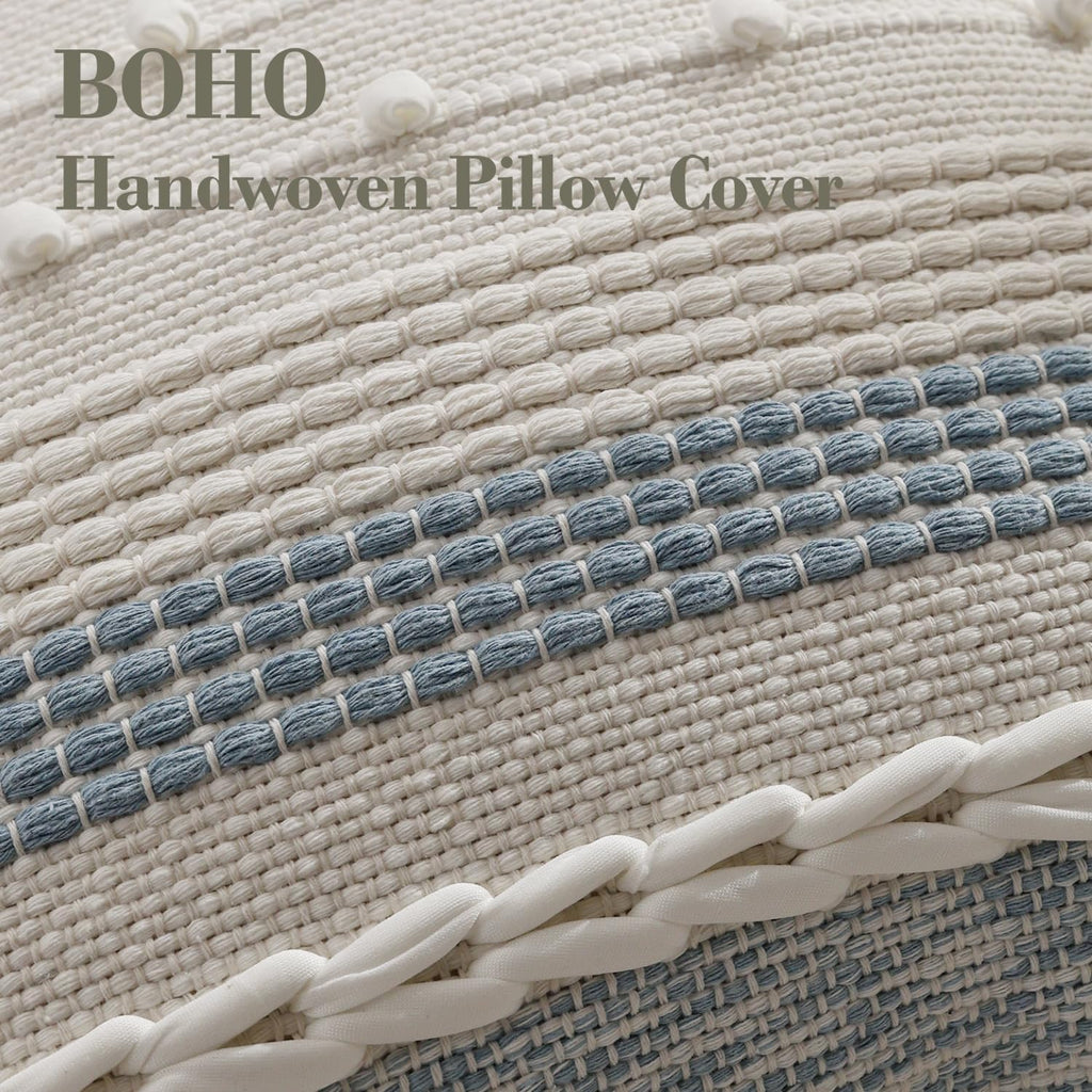 Boho Lumbar Pillow Cover 12x20 Coastal Blue - Handmade Woven Textured Throw Pillow Case with Cordings & Tassels