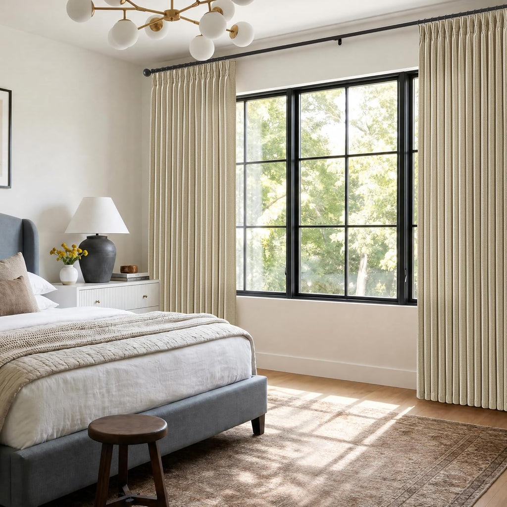 96 Inch Pinch Pleated Linen Oatmeal Curtains Sand Beige Cottage Light Filter Sheer Burlap Textured Pinch Pleat Drapes