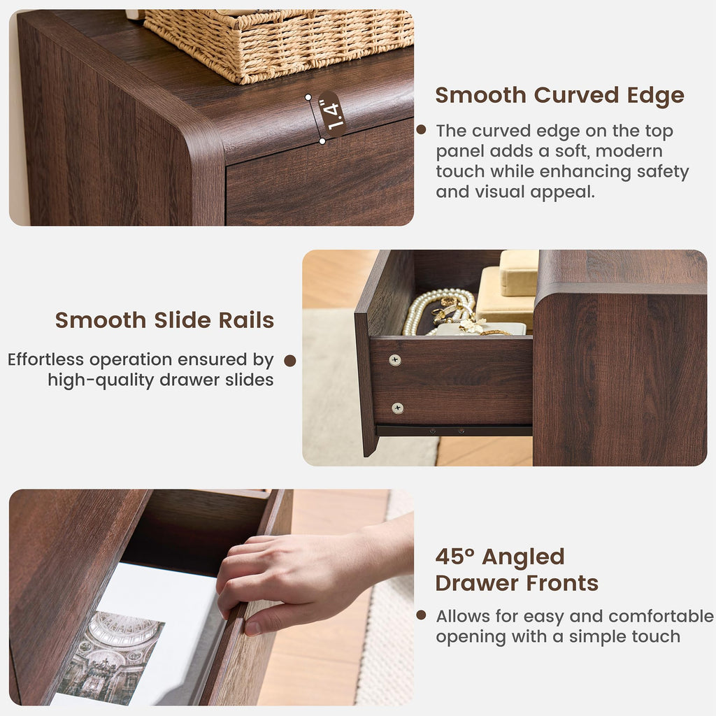 Modern 6 Drawers Dresser, 55.6" Tall Walnut Dressers & Chest of Drawer, Wooden Dresser, Front Curved & Handleless