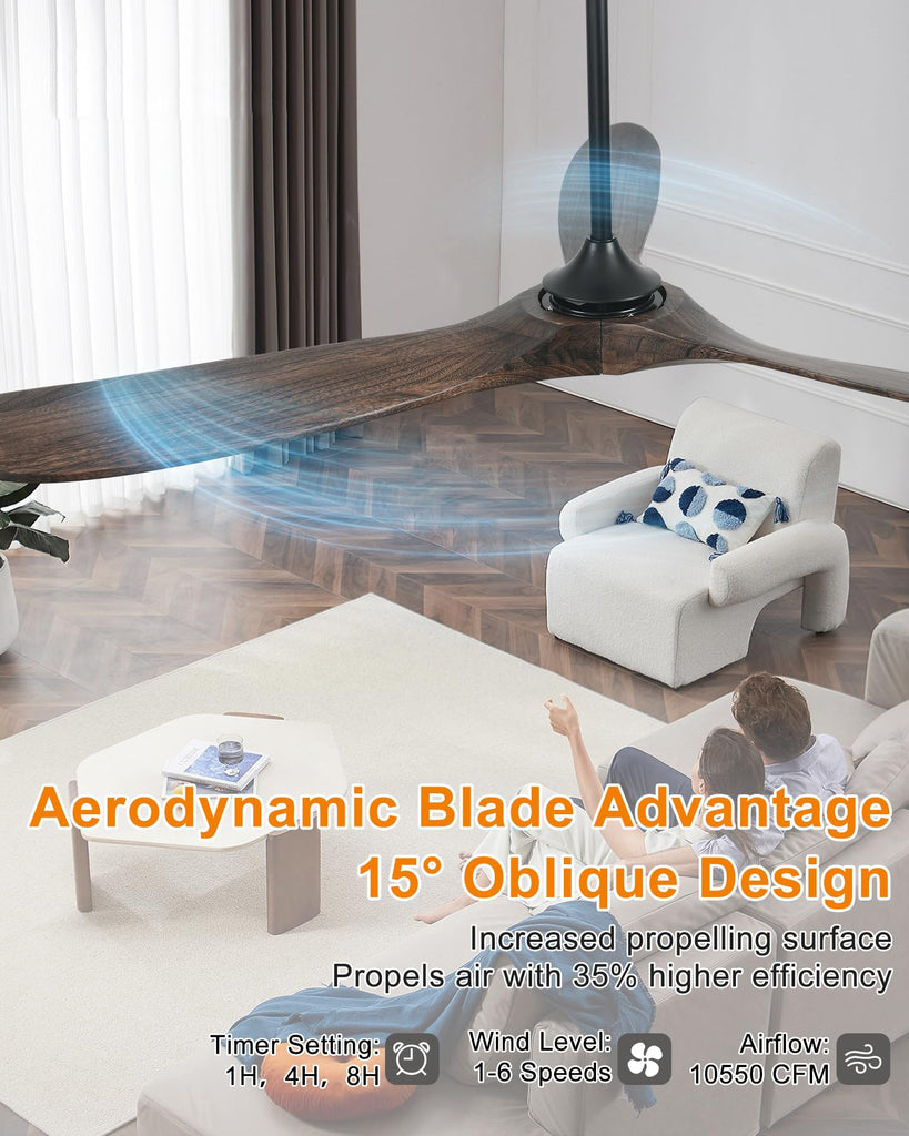 72" Ceiling Fans without Lights, Wood Large Ceiling Fan no Light with Remote Voice Control Alexa, 3 Blade Propeller s