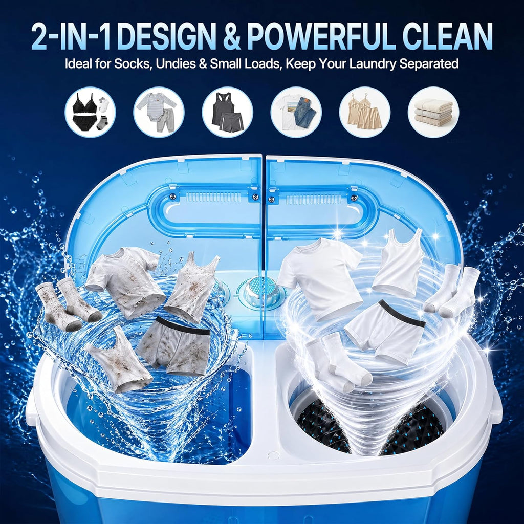 Portable Clothes Washing Machine Mini Twin Tub Small Laundry Washer Aparment Spin Dryer 9.9lbs Capacity Lightweight
