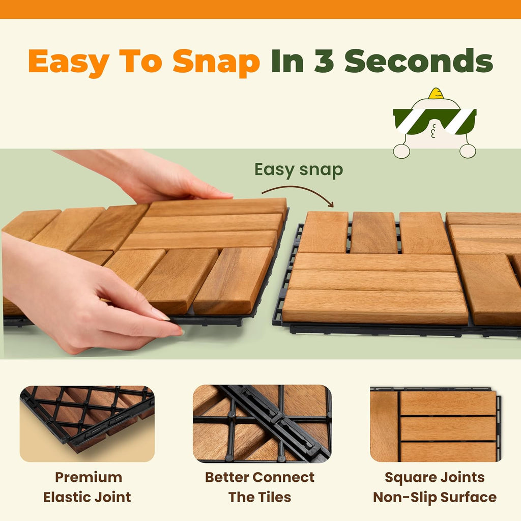Premium Deck Tiles, 10 PCS 12x12 Outdoor Patio Floor Tiles, Waterproof Wood Flooring Tiles, Snap Tiles for Patio