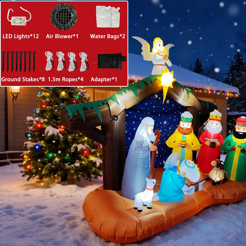 8FT Christmas Inflatables Nativity Scene Outdoor Decorations, Blow Up Yard Decor with Built-in LED Lights, Xmas