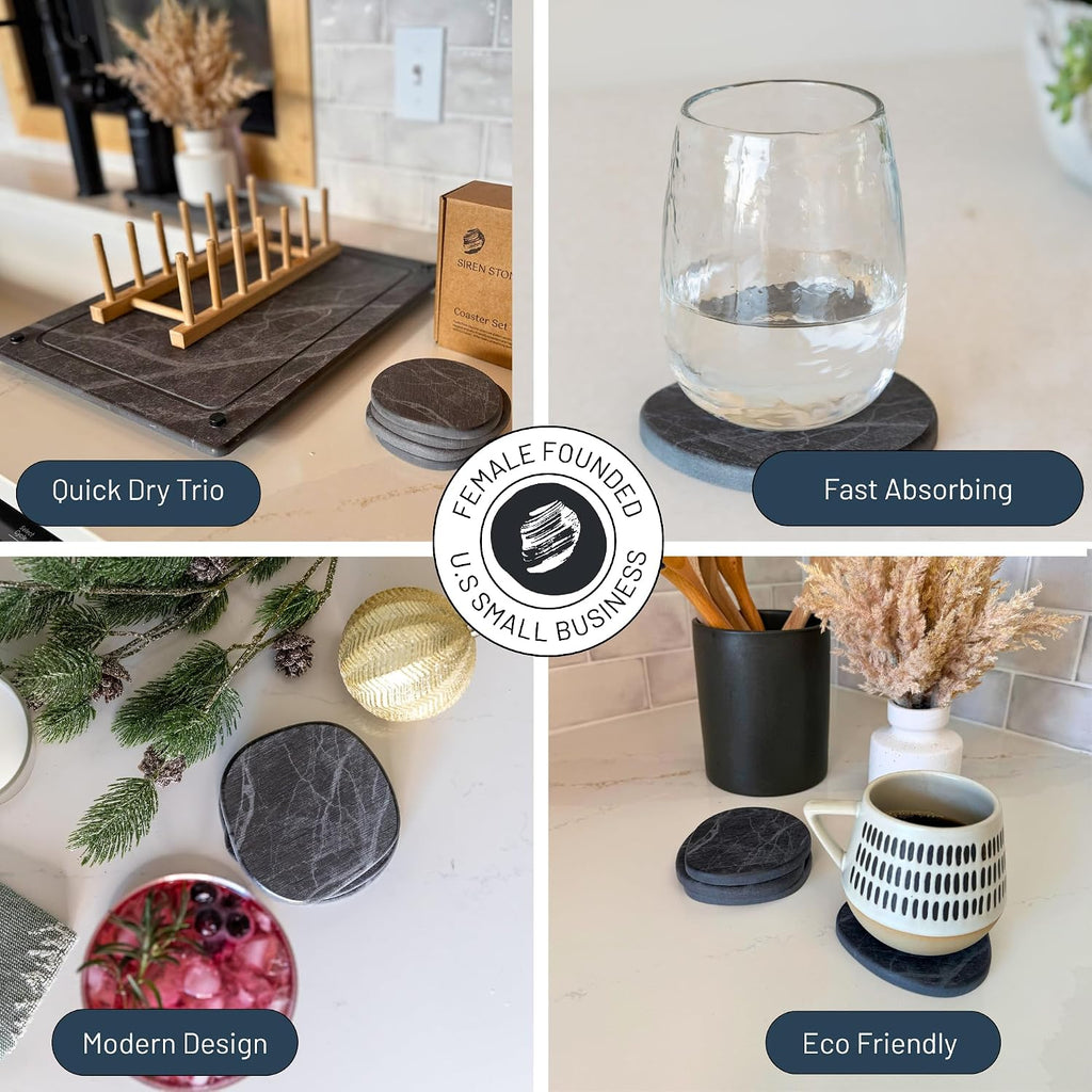 Diatomaceous Earth Coasters | Absorbent Stone Coasters for Drinks | Quick Dry, Water Absorbing | Non-Toxic - Set of 4