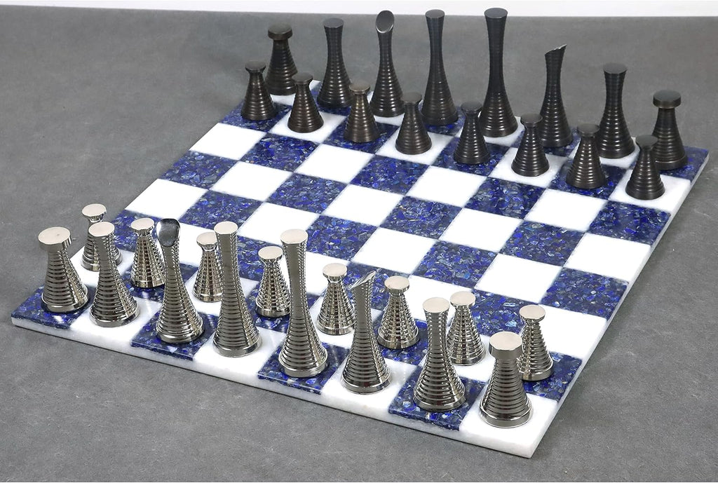 15'' Borderless Marble Stone Luxury Chess Board - Lapis Lazuli Blue and White