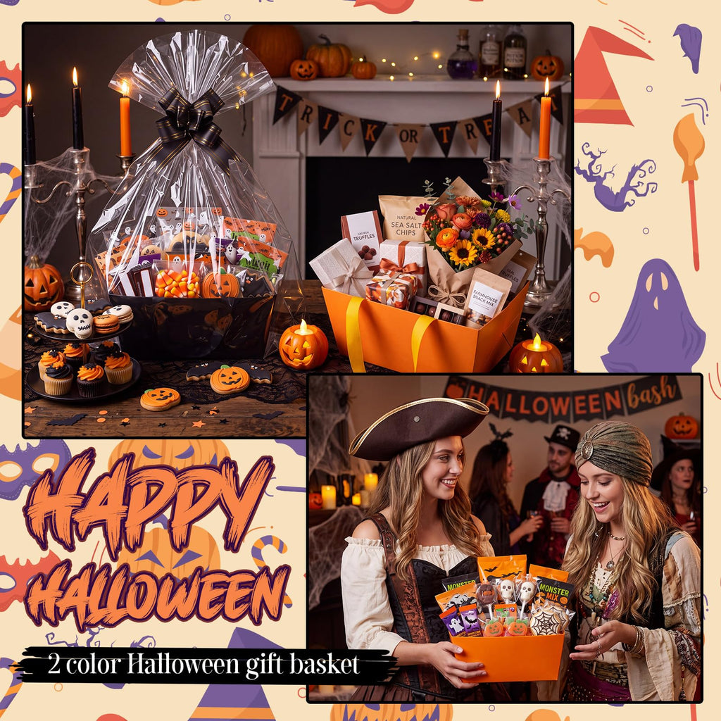 12 Pcs Halloween Paper Gift Basket Empty with Transparent Bag&Bow