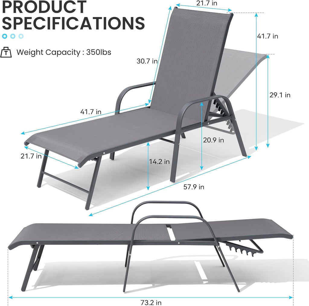 Chaise Lounge Outdoor, Aluminum Pool Lounge Chairs Set of 4 (Gray) | 5-Position Adjustable Backrest with Armrests