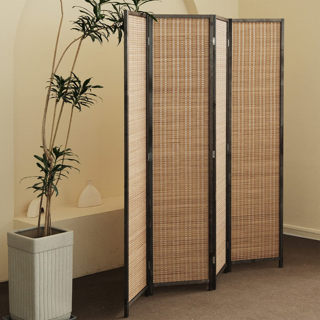 4 Panel Bamboo Room Divider - 5.6 ft Tall Folding Privacy Screen for Room Separation, Natural Brown Freestanding