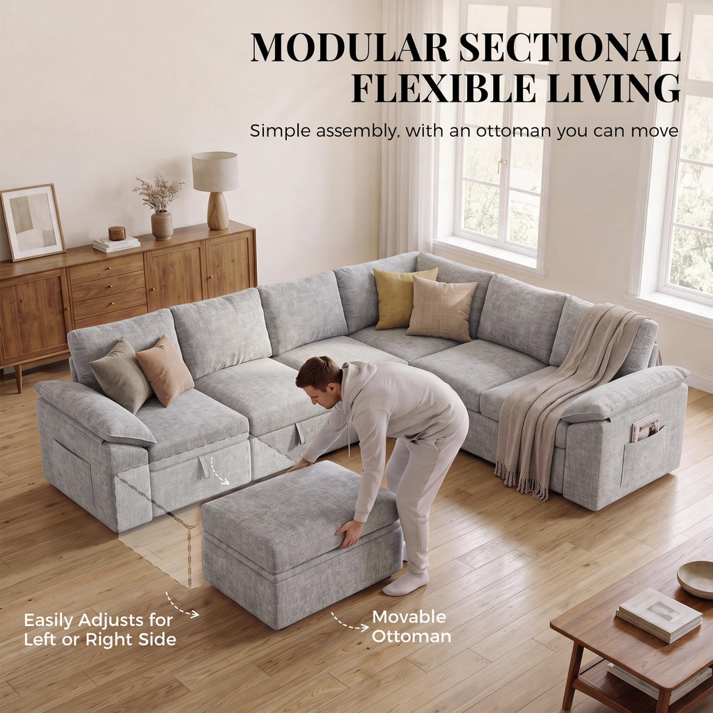 Sectional Sleeper Sofa with Pull Out Bed, Sectional Couch, Light Grey