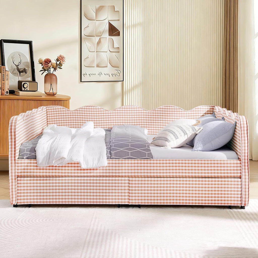 Queen Size Gingham Daybed with Storage Drawers, Upholstered Linen Day Bed Frame with USB Ports & Wave-Shaped