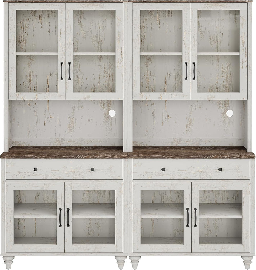 72" Tall Bookcase with Glass Doors & Drawer Set of 2, Large Farmhouse Display Book Shelf with Bar Cabinet, Library