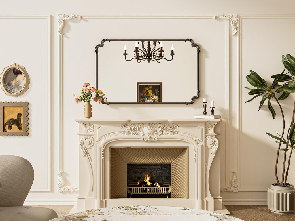 Baroque Antique Bronze Scalloped Wall Mirror 48 x 30 Vintage Rectangle Framed Baroque French Rectangular Mirror for