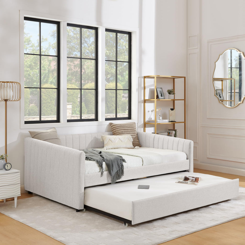 Daybed with Pop Up Trundle Bed, Modern Upholstered Linen Full Size Day Bed Frame with Stripes, Tufted Corner Sofa Bed