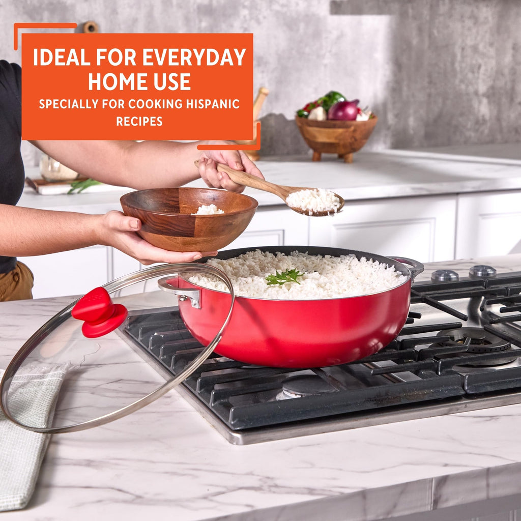 6.9 Qt Large Red Aluminum Dutch Oven Caldero with Black Ceramic Nonstick & Glass Lid - Big Rice, Stew, Cooking Pot