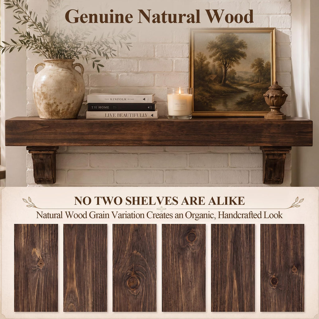 60 Inch Fireplace Mantel Shelf with Corbels Solid Wood Rustic Walnut Finish