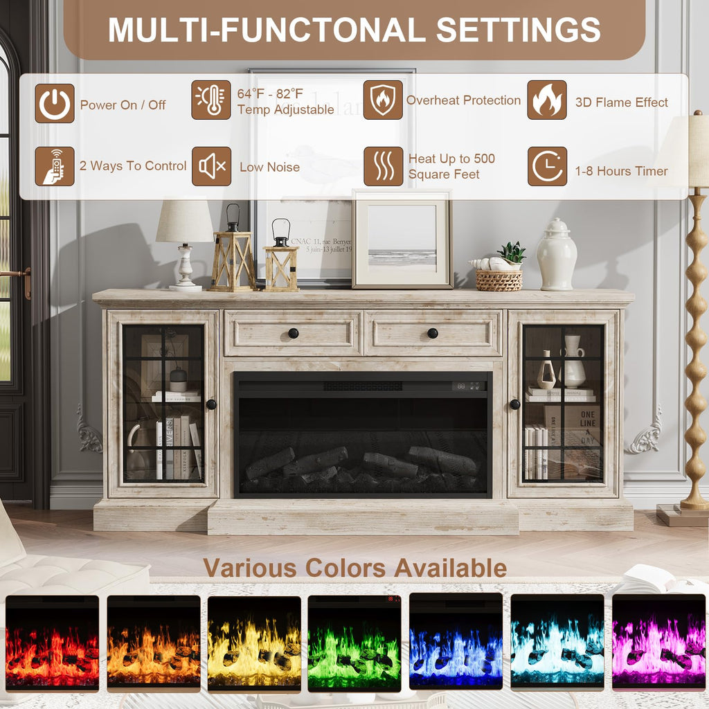 Fireplace TV Stand Up to 80" TVs, 70'' Modern Entertainment Center with 36" Electric Fireplace & LED Lights