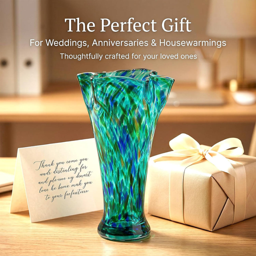 Teal Green Glass Vase for Flowers,10.8inch Hand Blown Vase
