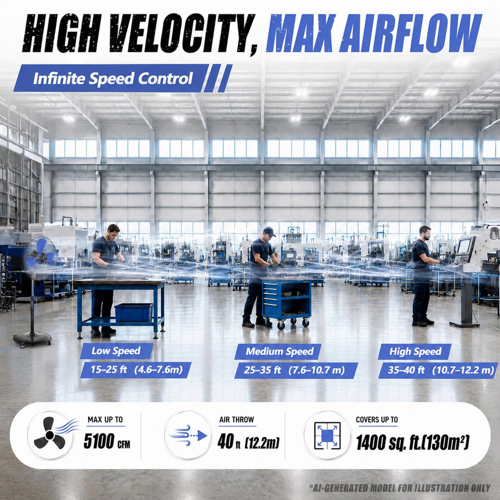 20 Inch DC Motor Pedestal Fan, Energy Efficient & Quiet 5100 CFM High Velocity Oscillating Standing Fan with Casters