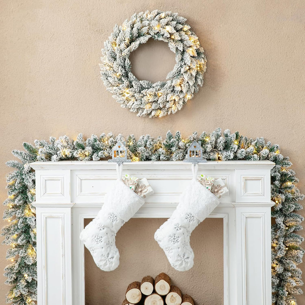 2PCS 9ft Christmas Garlands with Lights, Prelit Snow Flocked Christmas Garlands for Mantle, Fireplace, Windows, Front