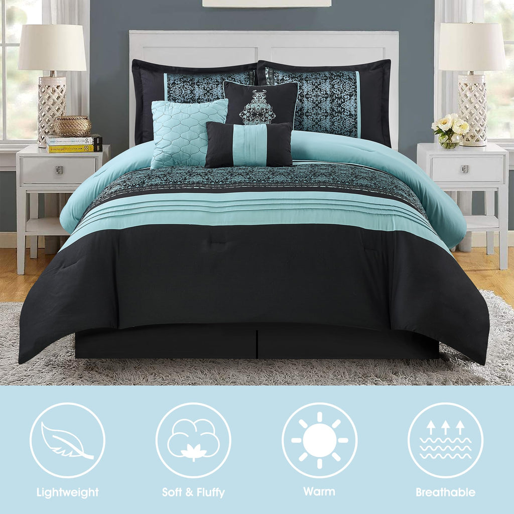 Aqua Black California King Comforter Set, Damask Jacquard with Matching Solid Piece Work, 7 Piece Soft Bedding Set