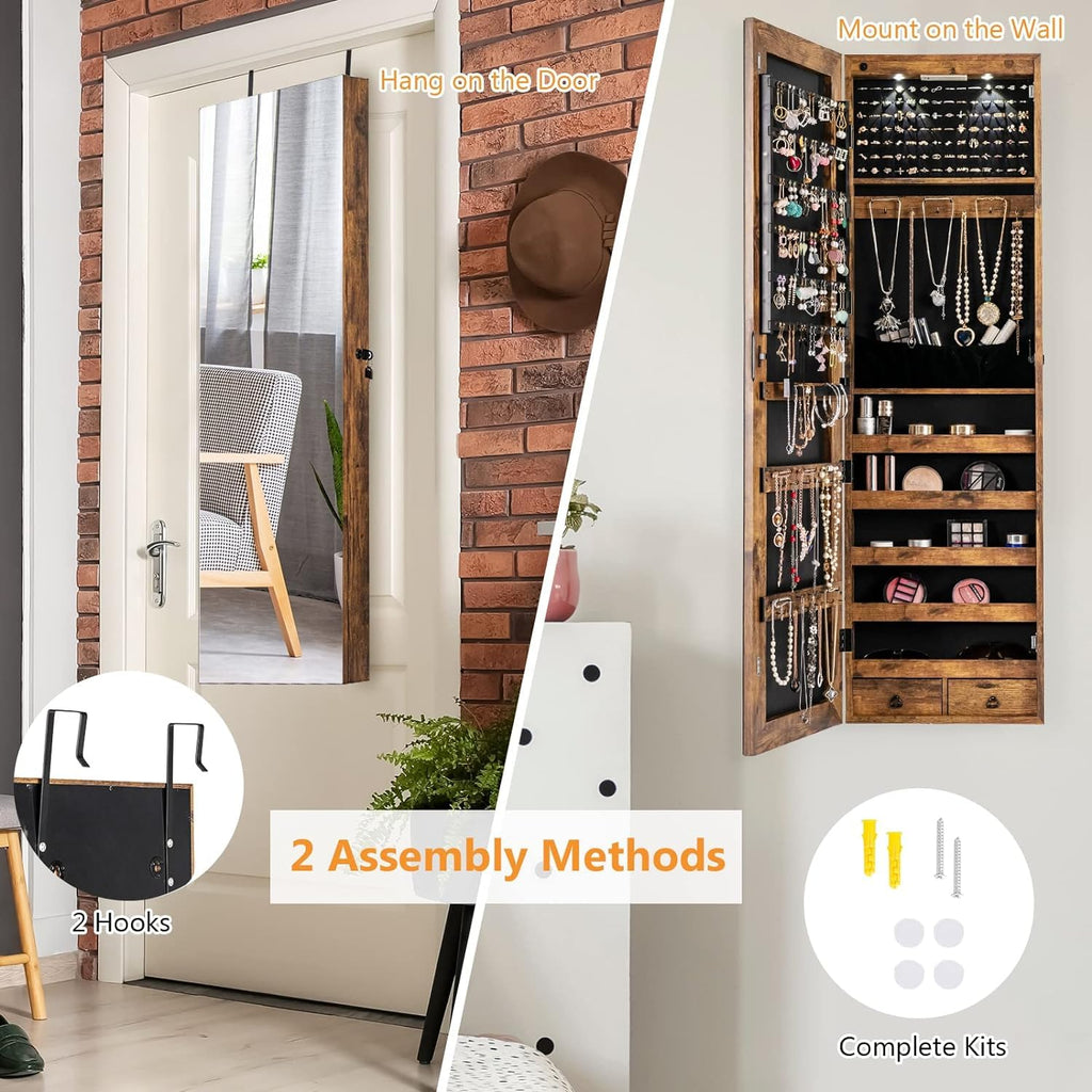 Wall Door Jewelry Armoire, 47.5" H Full Length Mirrored Jewelry Cabinet with 2 LED Lights and 2 Drawers, Lockable