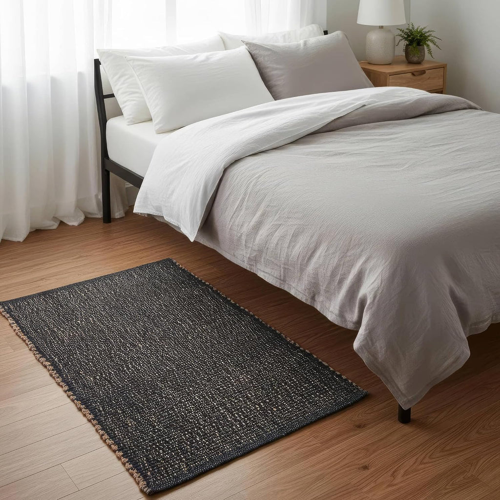 Black 2X3 Jute Rug Braided Construction - Farmhouse Woven Carpet - Mid-Century Modern Floor Covering for Entryway or