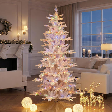 Prelit Artificial Christmas Tree, Slim Flocked Christmas Tree Elegant White Frostfall Fir with 1,486 Tips, 360
