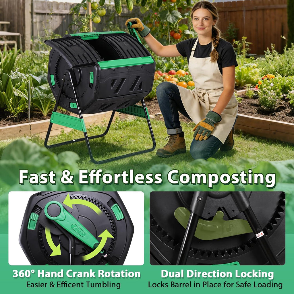 53 Gal Dual Chamber Compost Tumbler Outdoor - BPA-Free Rotating Composter with 8 Adjustable Vents, 2 Sliding Doors &